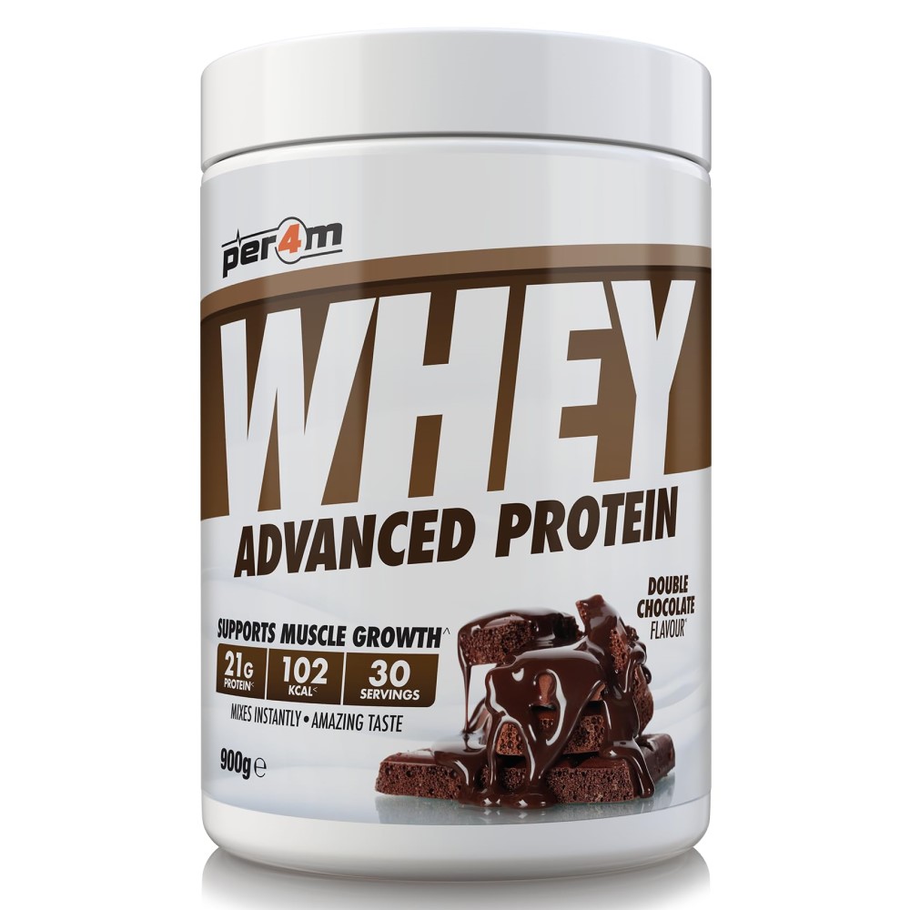 Per4m Whey Advanced Protein 900g tub, branded packaging with product label and serving size details