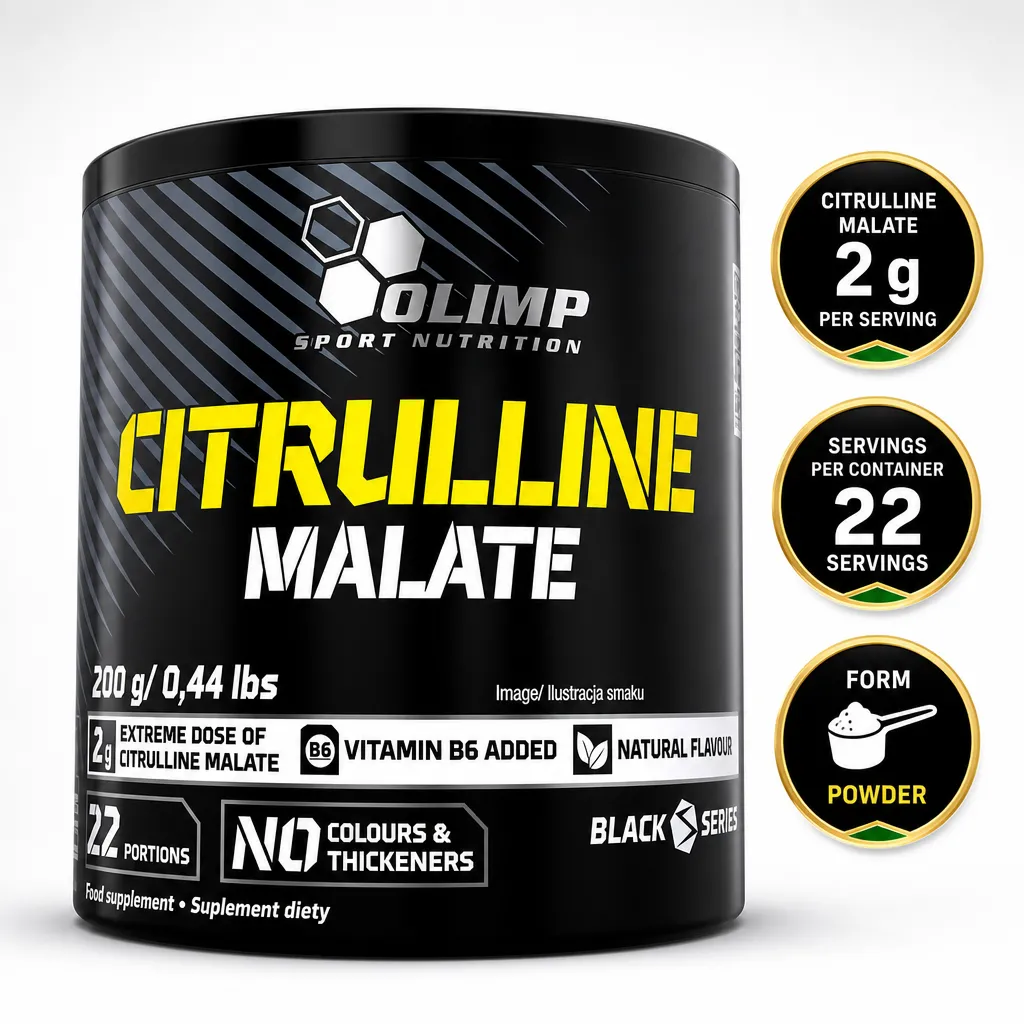Olimp Citrulline Malate 200g powdered sports supplement with vitamin B6 in a black container