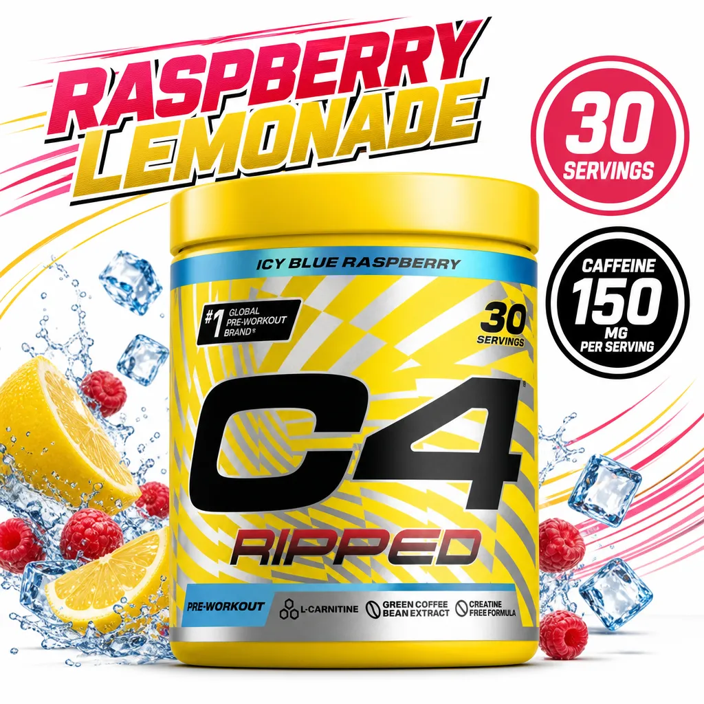 Cellucor C4 Ripped pre-workout supplement, Raspberry Lemonade flavour, 30 servings in a yellow tub