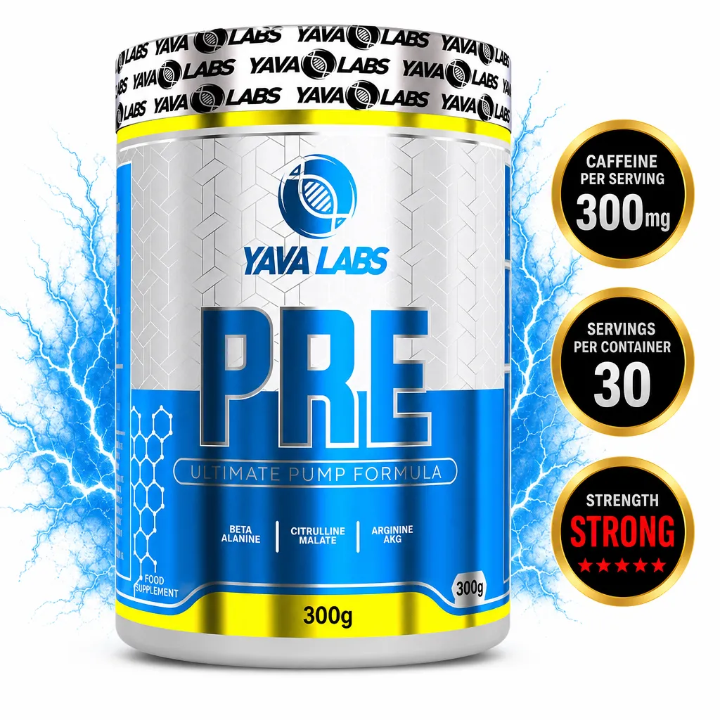 Yava Labs PRE 300g pre-workout powder supplement in a blue, silver and yellow tub with beta-alanine and citrulline malate