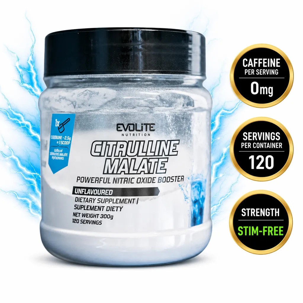 Evolite Citrulline Malate 300g unflavoured dietary supplement powder in a white tub with 120 servings