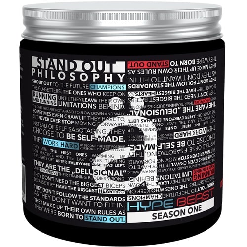 Nano Supps Hype Beast Season One BCAA supplement with motivational text design on a black tub, likely 30 servings, for sports and fitness support.