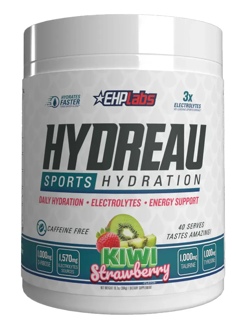 EHPLabs Hydreau sports hydration powder, Kiwi Strawberry flavour, caffeine-free, 40 servings in a white tub