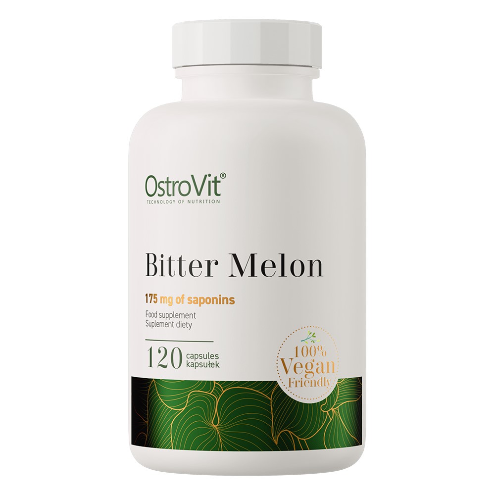 Close-up of OstroVit Bitter Melon capsules, small clear vegan capsules filled with light brown powder
