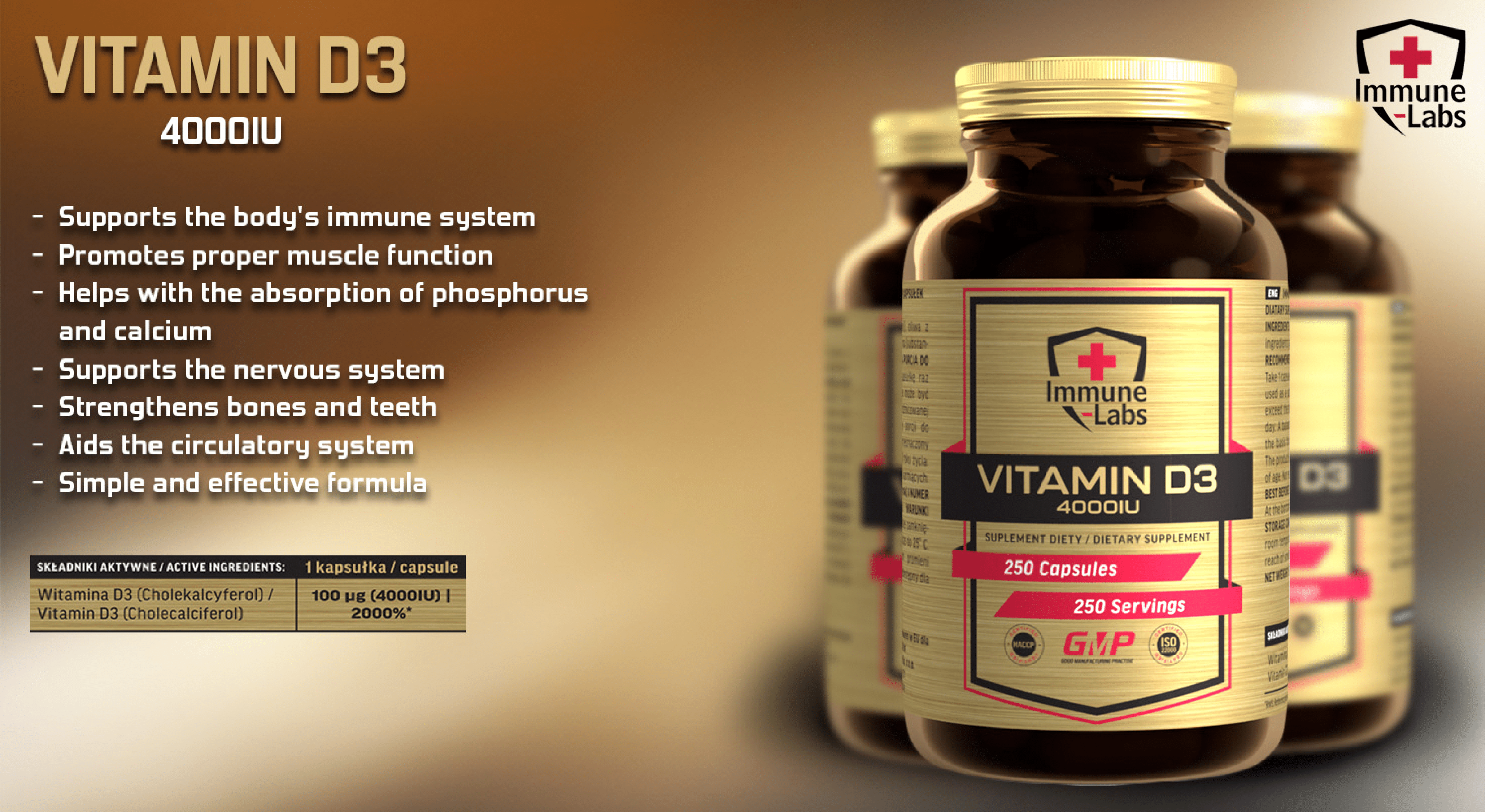 Immune Labs Vitamin D3 4000IU dietary supplement, 250 capsules per bottle, supports immune system, muscle function, and bone health. Brown bottle with gold label.