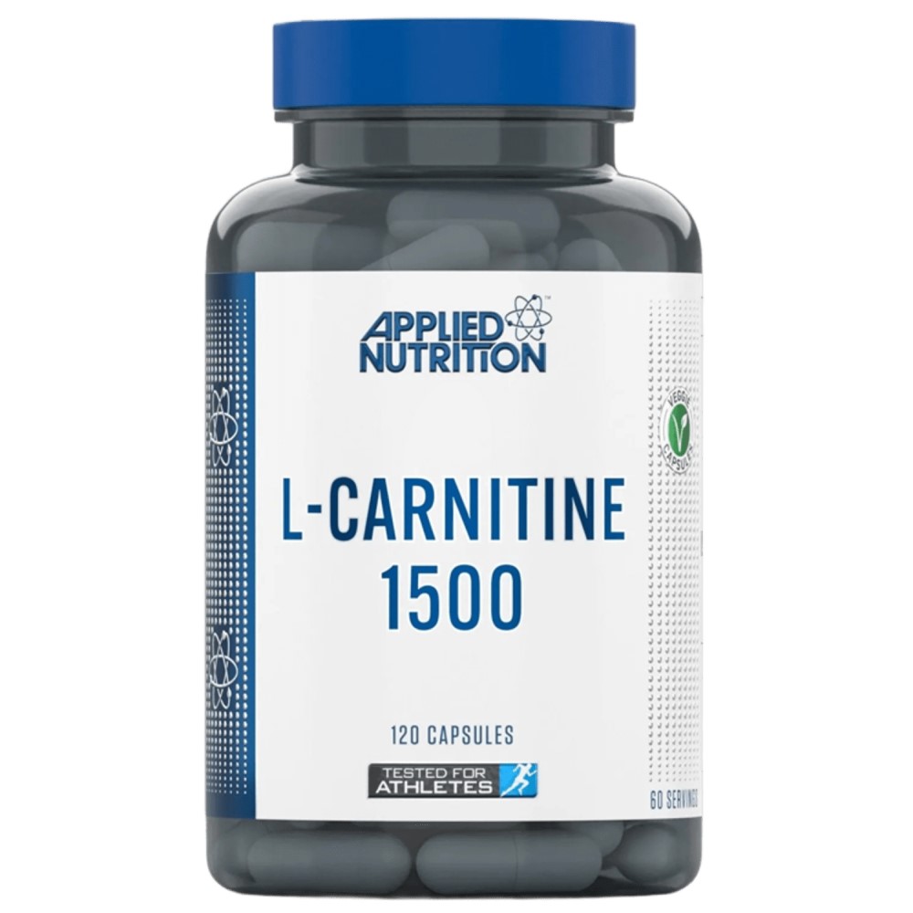 Applied Nutrition L-Carnitine 1500 120 capsules, a dietary supplement for athletes, in a blue and white bottle with vegan-friendly marking.