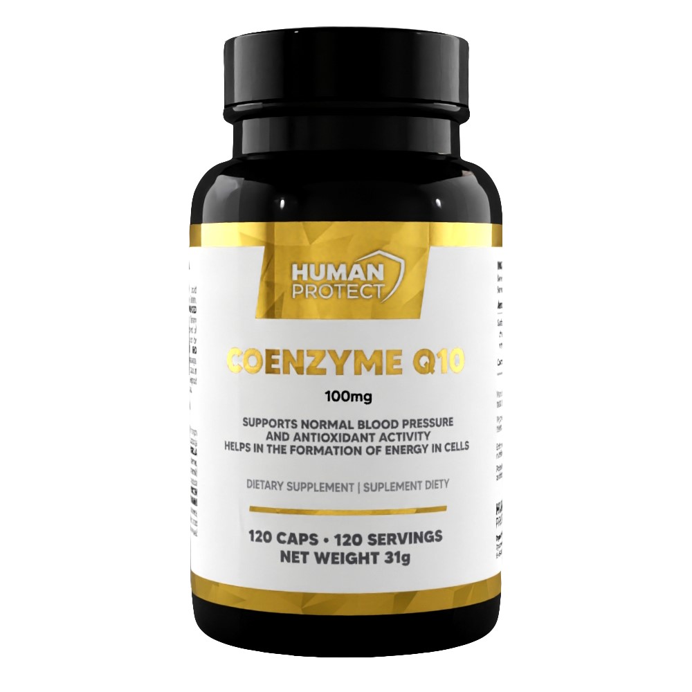 Human Protect Coenzyme Q10 100mg dietary supplement, 120 capsules, supports normal blood pressure and antioxidant activity, white and gold label.