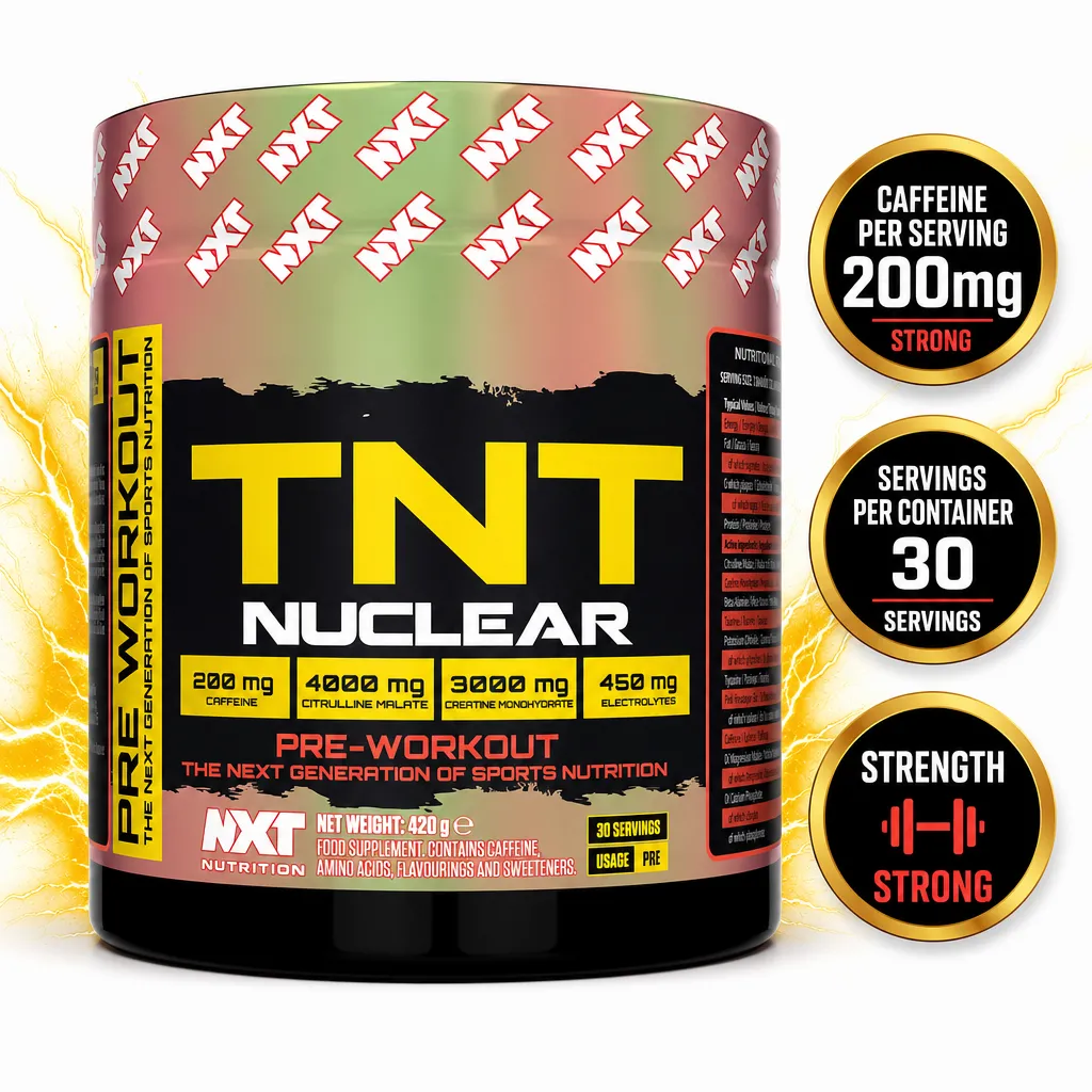 NXT Nutrition TNT Nuclear 420g pre-workout supplement powder with 200mg caffeine per serving, 30 servings and zero sugar