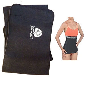 Power System Neoprene Slimming Belt 125x25cm, a black neoprene waist belt designed for slimming and support, shown both folded and worn by a person.