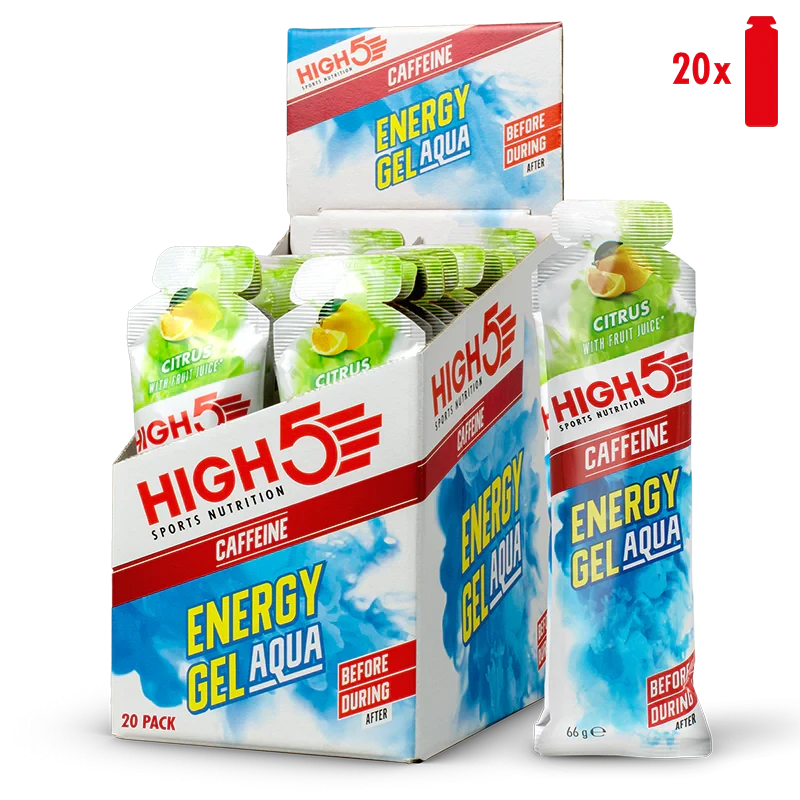 High5 Sports Nutrition Energy Gel Aqua Caffeine Citrus, a water-based energy gel with caffeine, in 66g sachets, citrus flavour, suitable for endurance athletes.