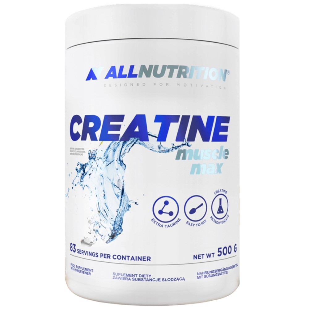 Allnutrition Creatine Muscle Max 500g unflavoured creatine monohydrate supplement with extra taurine, easy to mix, in a white container with blue accents.