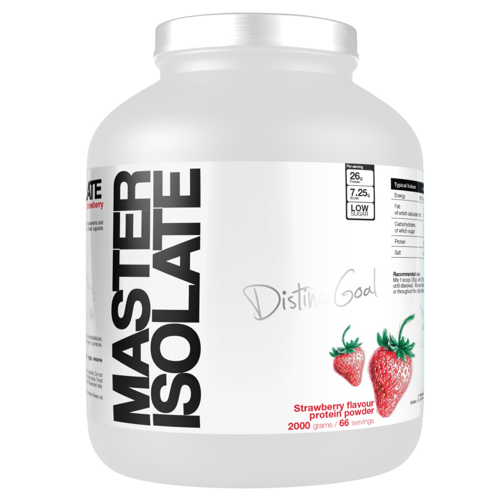 Master Isolate strawberry flavour protein powder, 2000g tub, featuring low sugar and 66 servings, with strawberry illustrations on a white background.