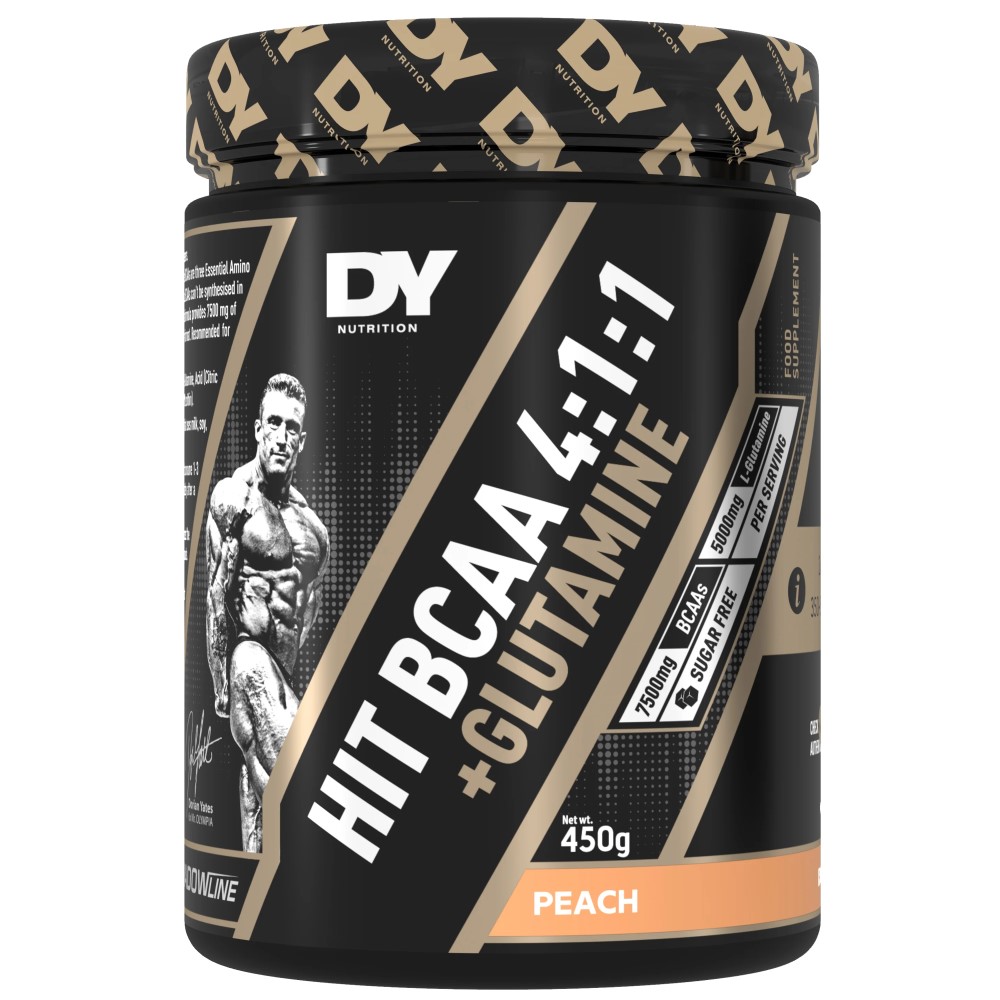 DY HIT BCAA 4:1:1 + Glutamine 450g peach-flavour amino acid supplement with BCAAs and glutamine, black and gold packaging