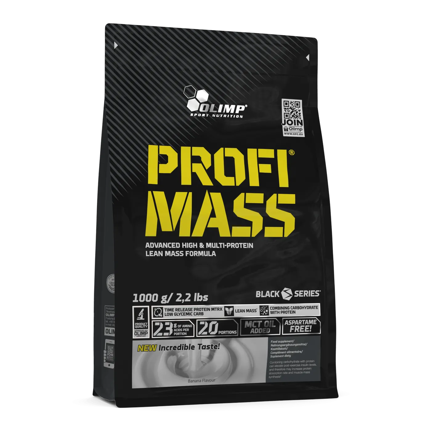 Olimp Nutrition Profi Mass 1000g protein-carbohydrate powder, banana flavour, designed for muscle growth and recovery, with 23g protein per serving.