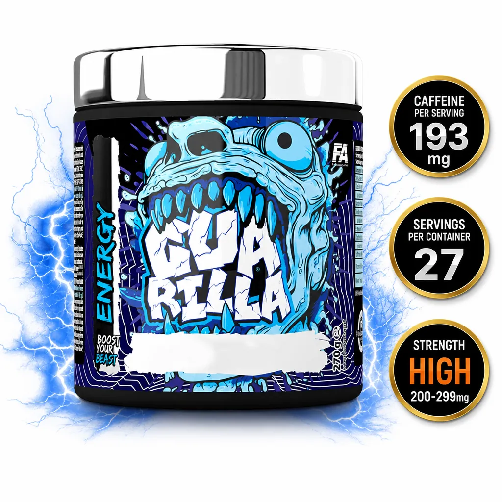 Guarilla Energy 270g pre-workout supplement in a blue and black tub with a high-energy monster design