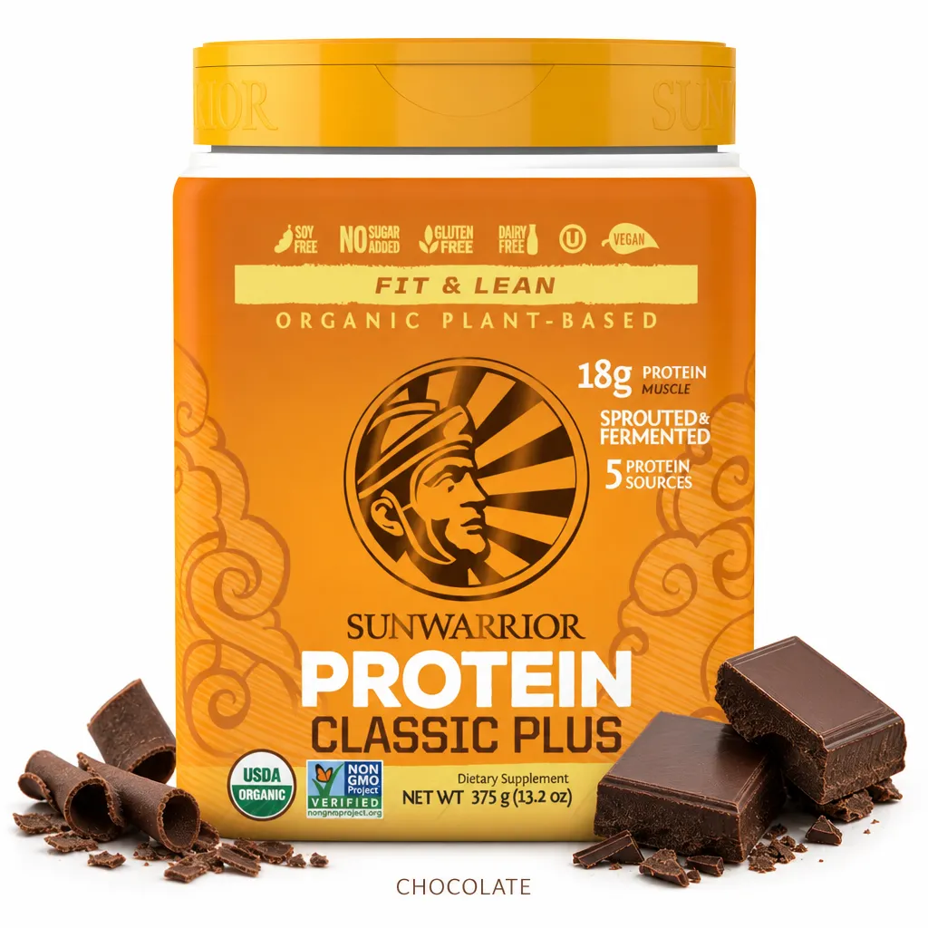 Sunwarrior Protein Classic Plus Organic 375g chocolate flavor plant-based protein powder, vegan, gluten-free, dairy-free, with 18g protein per serving.