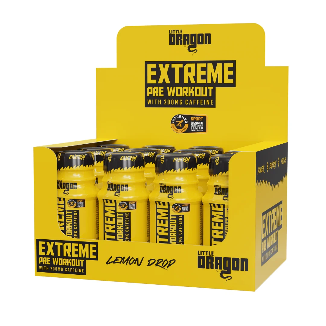 Little Dragon Extreme Pre Workout Shot Lemon Drop 60ml x12, a high-caffeine, sugar-free pre-workout supplement in bright yellow bottles, ideal for energy and focus.
