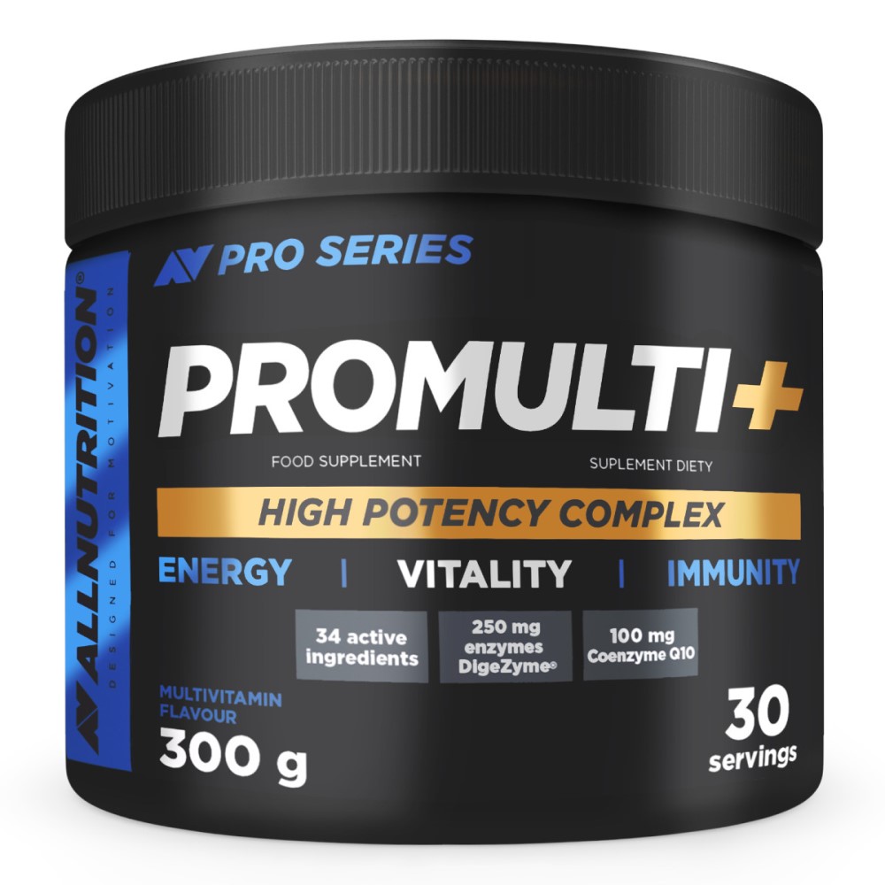 Allnutrition Pro Series Promulti+ multivitamin powder supplement, 300g container, high potency complex for energy, vitality, and immunity, black and blue packaging.