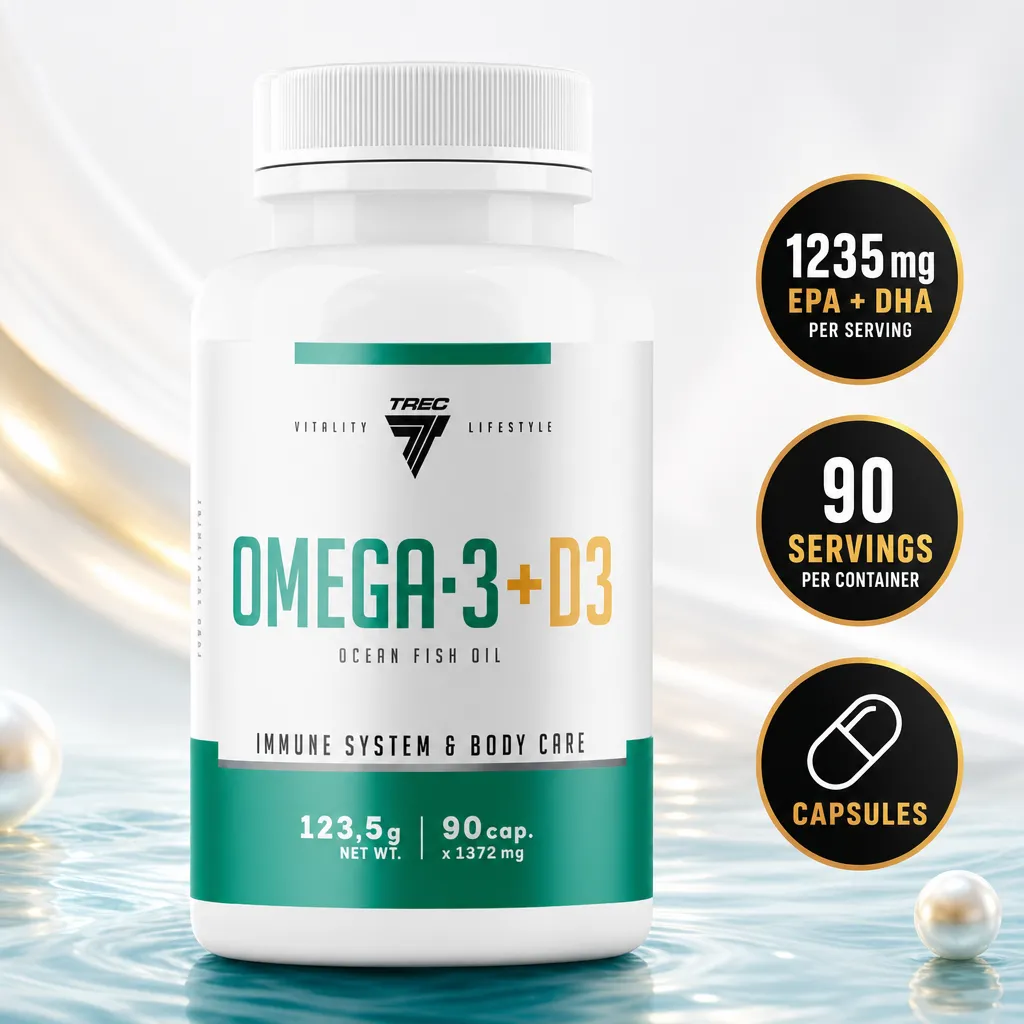 Trec Nutrition Omega 3 + D3 dietary supplement with ocean fish oil and vitamin D3, 90 capsules in a white and teal bottle.