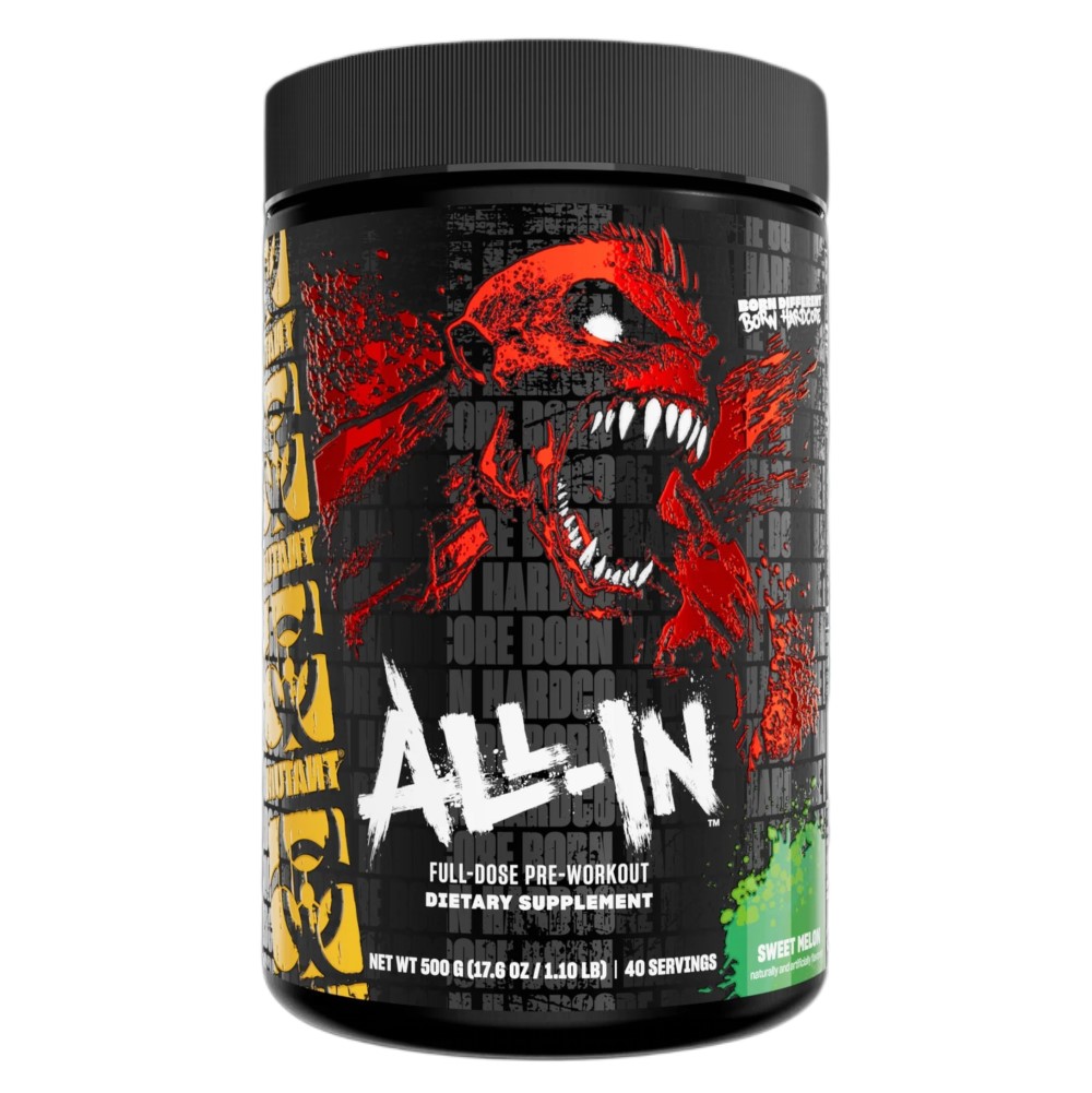 Mutant ALL IN Pre-Workout 40 Servings container, bold Mutant branding, likely black and red packaging