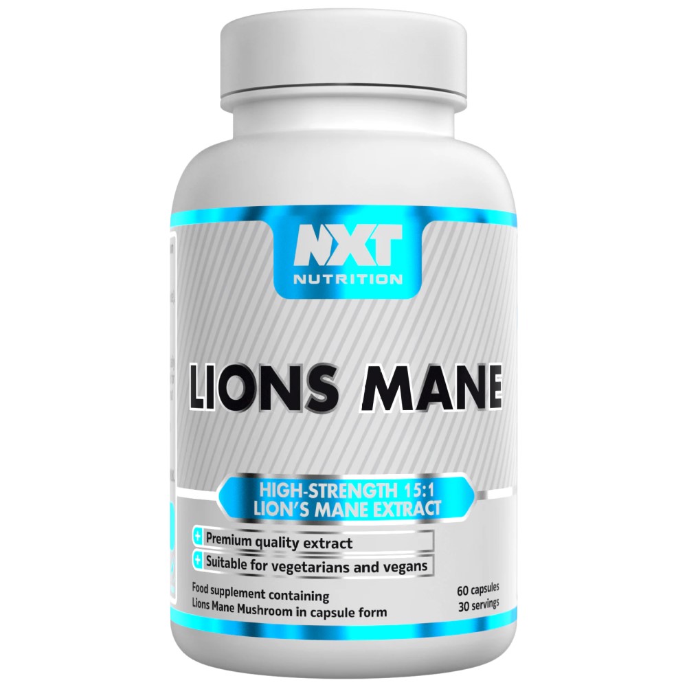 NXT Nutrition Lion's Mane 60 Caps bottle, white container with branded label, containing 60 vegan capsules