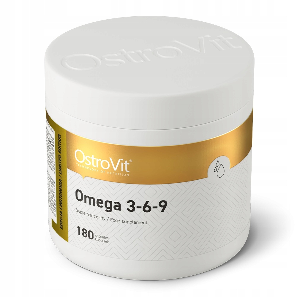 OstroVit Omega 3-6-9 180 capsules food supplement, limited edition, in a white and gold container. Contains a blend of omega fatty acids in capsule form.