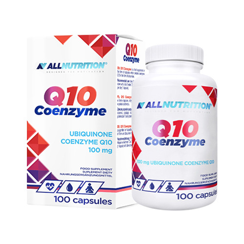 Allnutrition Q10 Coenzyme dietary supplement, 100mg ubiquinone coenzyme Q10, 100 capsules, white bottle and box with red and blue geometric accents.
