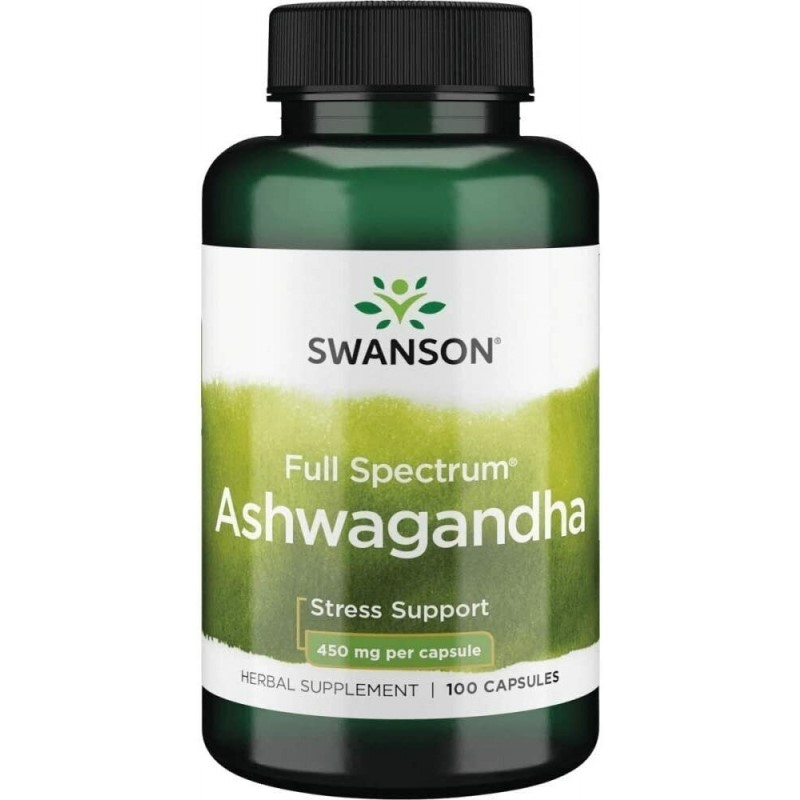 Swanson Full Spectrum Ashwagandha 450mg herbal supplement, 100 capsules, for stress support, in a green bottle.