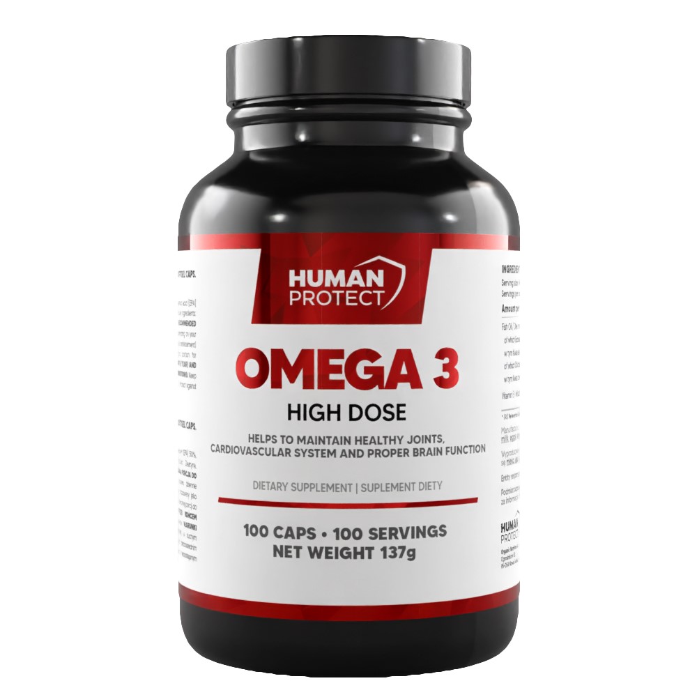 Human Protect Omega 3 High Dose dietary supplement, 100 softgel capsules, supports healthy joints, cardiovascular system, and brain function, in a black and white bottle with red accents.