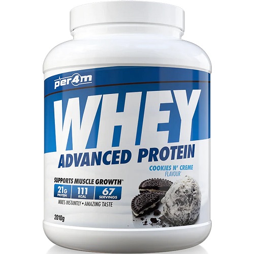 Per4m Whey Advanced Protein 2010g Cookies N' Creme flavour whey protein powder supplement with 21g protein per serving, shown in a white and blue tub.