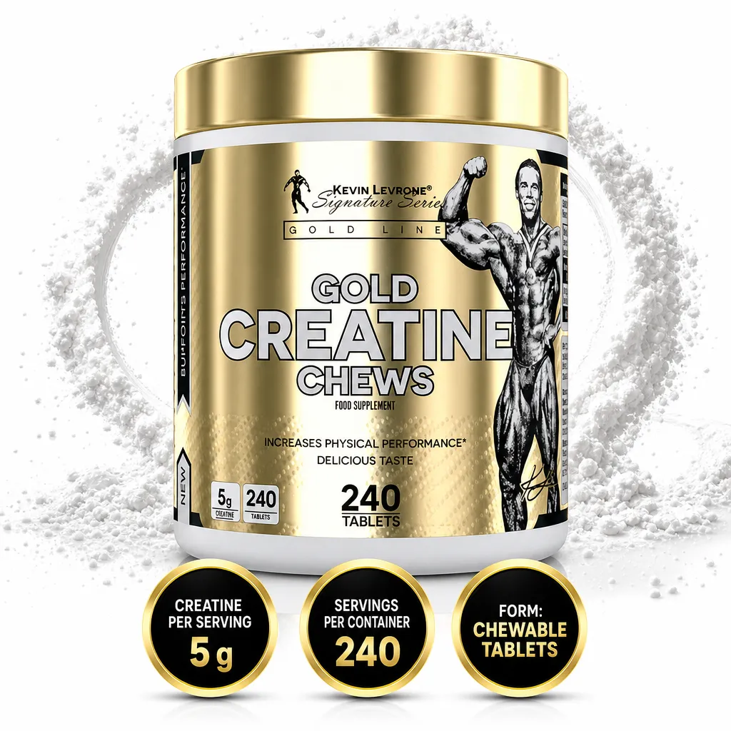 Kevin Levrone Gold Creatine Chews, chewable creatine tablets with 5 g per serving and 240 tablets in a gold container