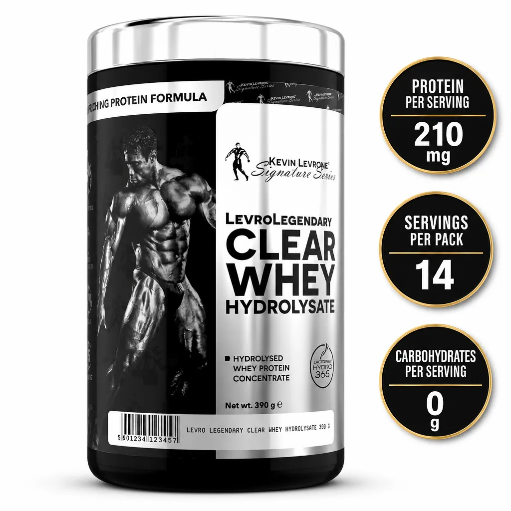 Kevin Levrone Levro Legendary Clear Whey Hydrolysate 390g protein supplement in a black and silver tub.