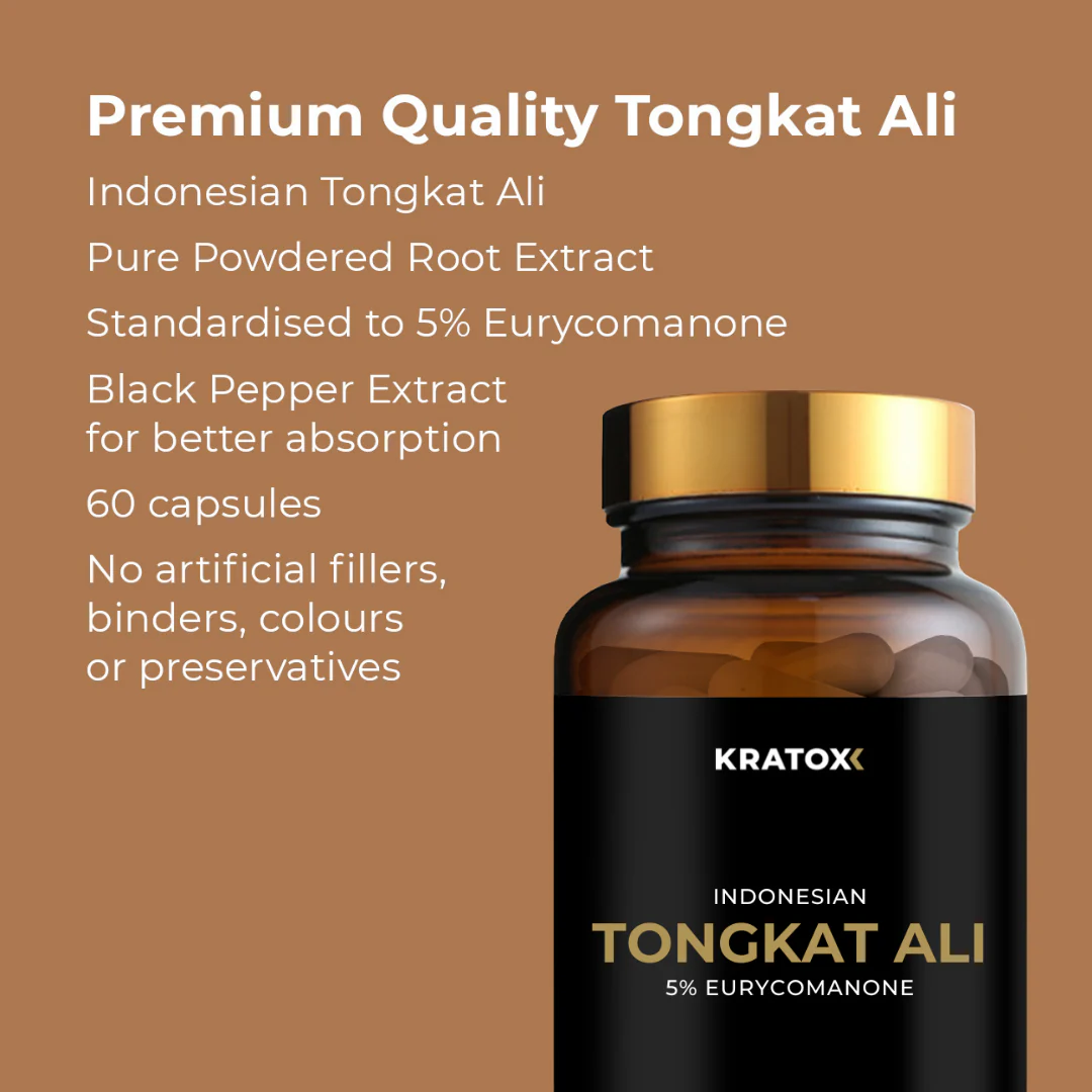 Close-up of Kratox Indonesian Tongkat Ali capsules, showing clear or white capsules on a plain surface