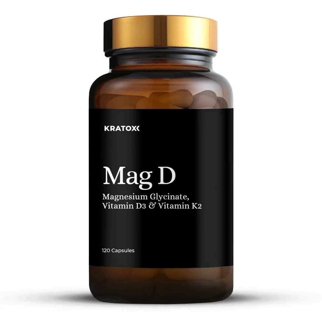 Kratox Mag D capsule supplement with magnesium glycinate, vitamins D3 and K2, in a 120-capsule amber bottle with a black label and gold cap.