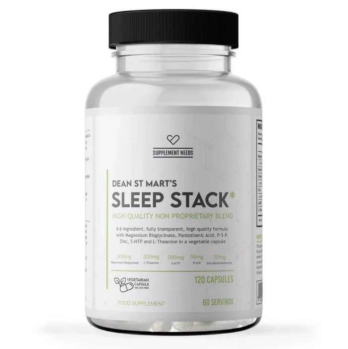 Supplement Needs Sleep Stack 120 Capsules is a high quality non proprietary blend sleep support supplement with magnesium bisglycinate, L-theanine, 5-HTP, and other ingredients, in a clear bottle with a black lid.