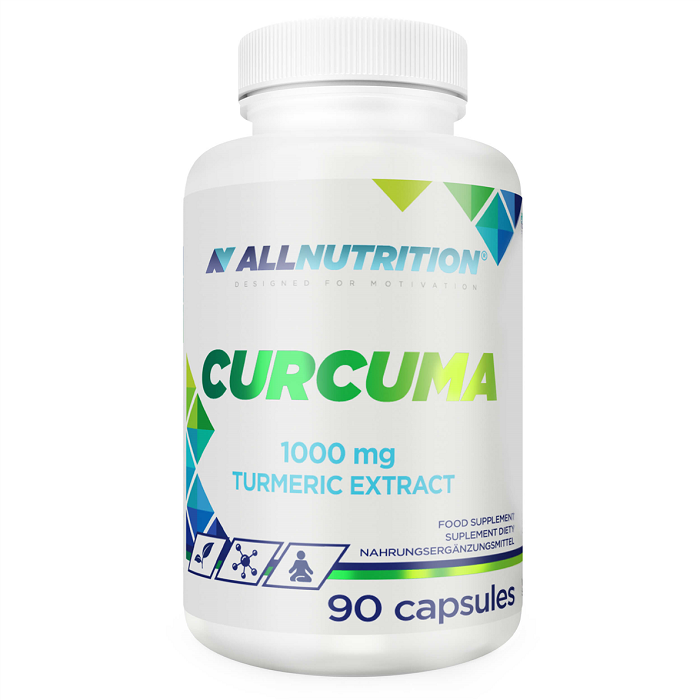 Allnutrition Curcuma 1000mg turmeric extract food supplement in a white bottle with 90 capsules, designed for dietary support.