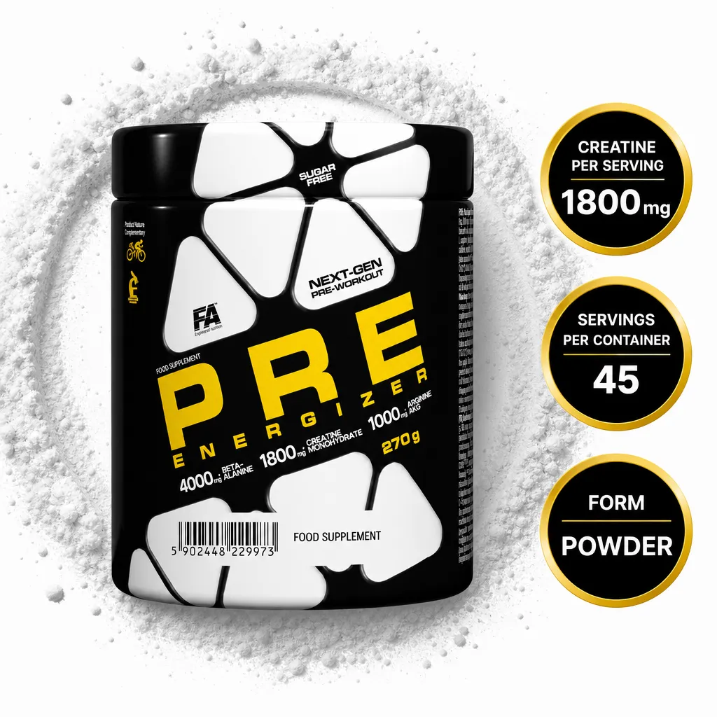 FA Nutrition Pre Energizer 270g pre-workout powder supplement in black and yellow packaging with creatine and beta-alanine