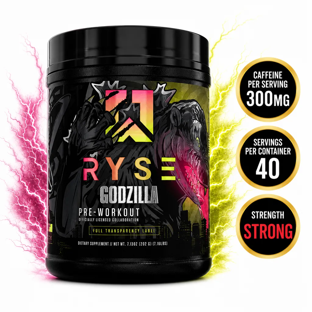 RYSE Godzilla Pre-Workout dietary supplement in a black tub, featuring an officially licensed Godzilla design and 40 servings