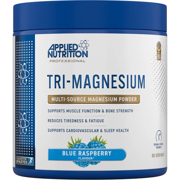 Applied Nutrition Tri-Magnesium Blue Raspberry 200g multi-source magnesium powder supplement, vegan friendly, supports muscle function and sleep health.