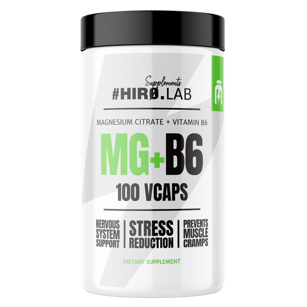 Hiro.Lab MG+B6 100 Vcaps magnesium citrate and vitamin B6 dietary supplement, white bottle with black lid, supports nervous system and stress reduction.