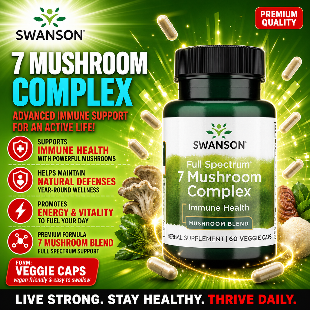Swanson Full Spectrum 7 Mushroom Complex 60 veggie caps, a mushroom blend herbal supplement for immune health, shown in a green and white bottle with capsules and mushroom imagery.