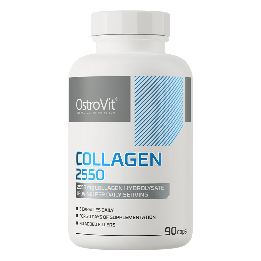 OstroVit Collagen 2550 90 caps dietary supplement with 2550 mg collagen hydrolysate per daily serving, in a white bottle with blue and grey accents.