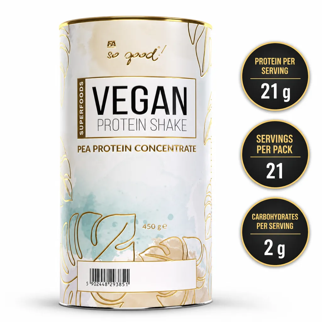 FA So Good! Vegan Protein Shake pea protein powder in a white and gold vegan supplement tub labelled 450g