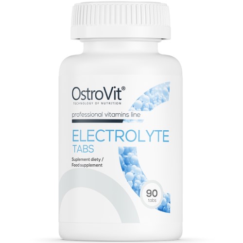 OstroVit Electrolyte Tabs 90 tabs dietary supplement for electrolyte balance, in a white bottle with blue accents, from the professional vitamins line.