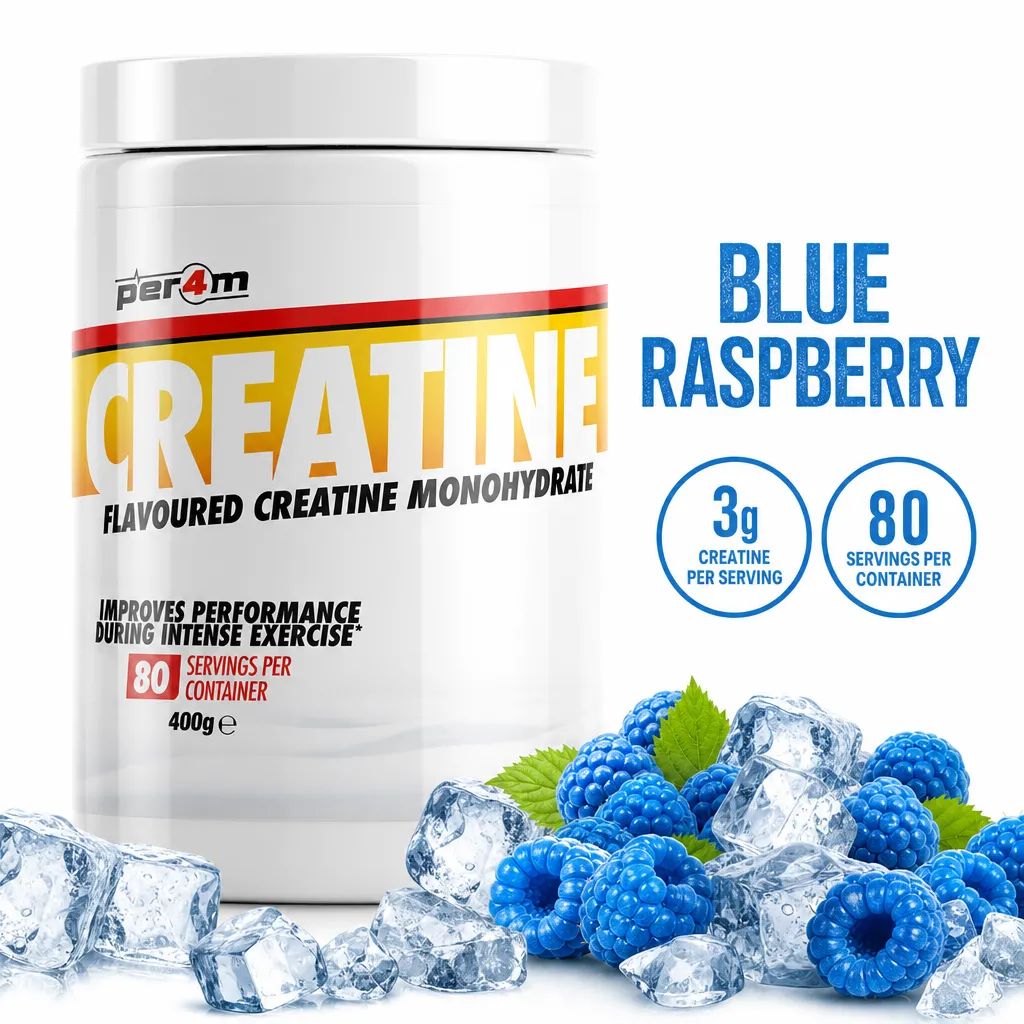 Per4m Creatine 400g Blue Raspberry flavoured creatine monohydrate powder, with 80 servings in a white tub.