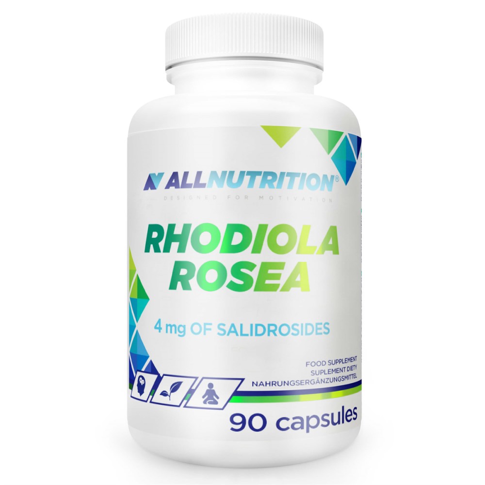 Allnutrition Rhodiola Rosea 90 capsules herbal supplement with 4 mg of salidrosides, designed for motivation and well-being, in a white bottle with green and blue accents.