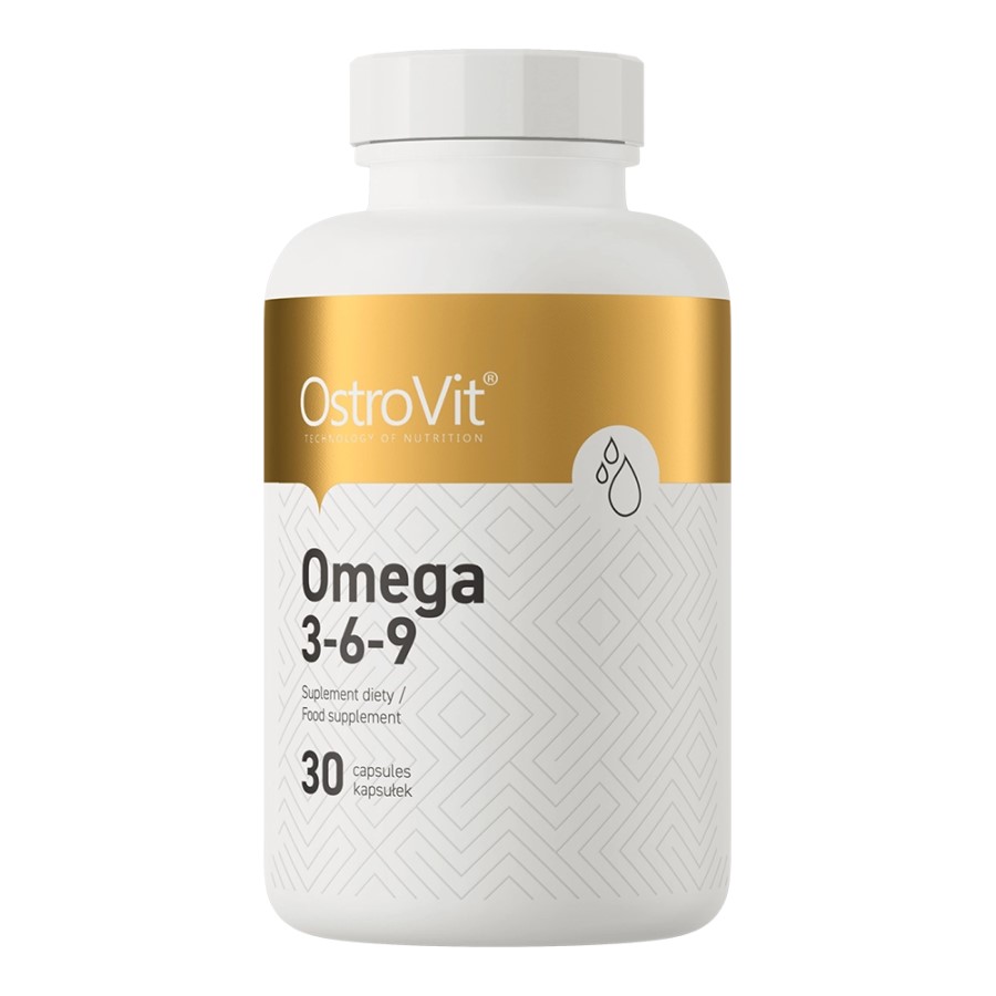 OstroVit Omega 3-6-9 30 capsules dietary supplement, a blend of omega fatty acids in capsule form, white bottle with gold label.