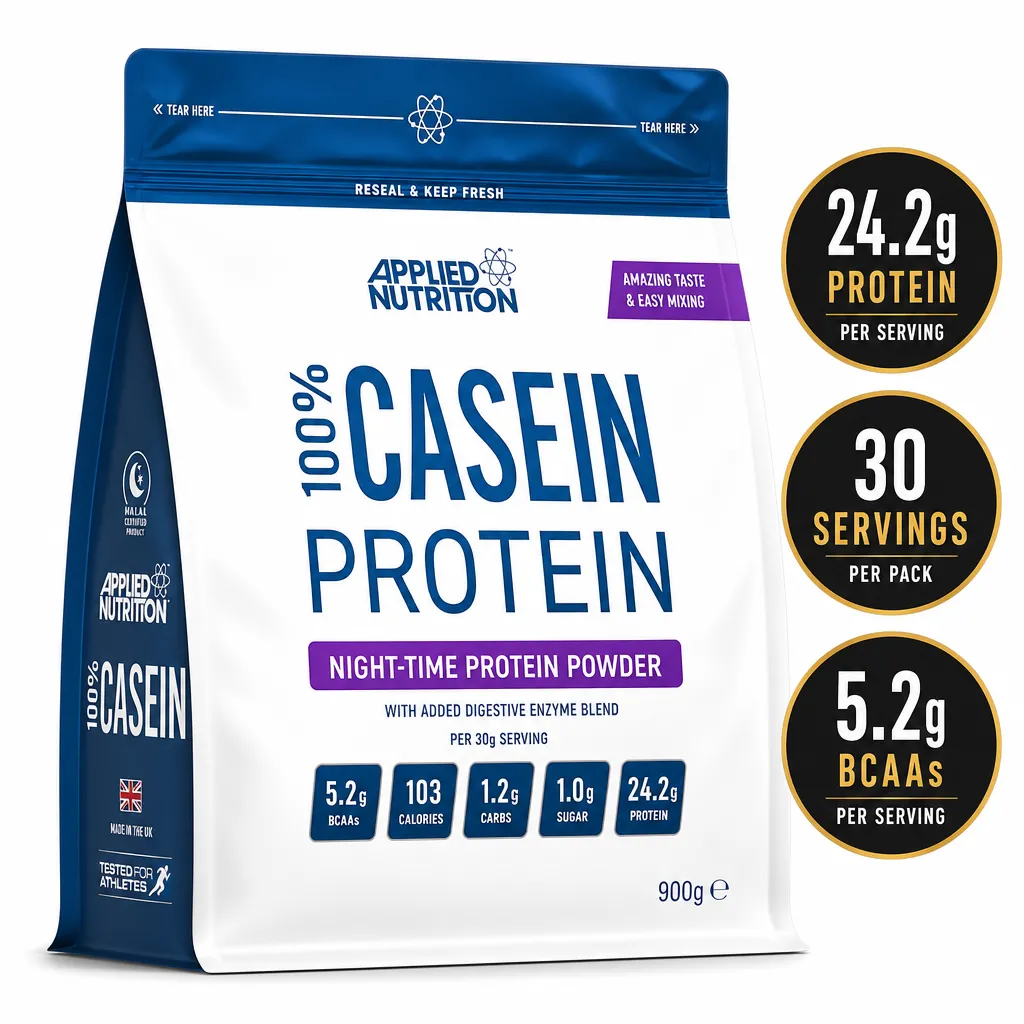 Applied Nutrition 100% Casein Protein 900g slow-release night-time protein powder in a white and blue resealable pouch