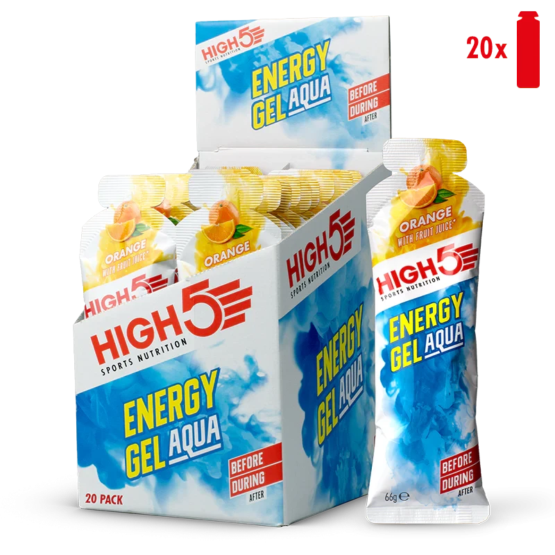 High5 Sports Nutrition Energy Gel Aqua Orange 66g x10, water-based energy gel sachets with real fruit juice, designed for endurance athletes, displayed in branded packaging.