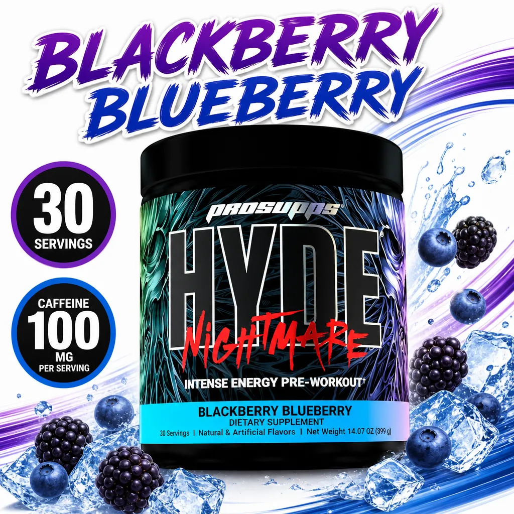 ProSupps Hyde Nightmare pre-workout dietary supplement in Blackberry Blueberry flavour, 30 servings, with 100 mg caffeine per serving